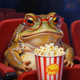 hyper realistic oil painting of fat toad!! wearing anachrome! glasses in the cinema with bucket of popcorn, vibrant colors, high contrast, by greg rutkowski, trending on artstation
