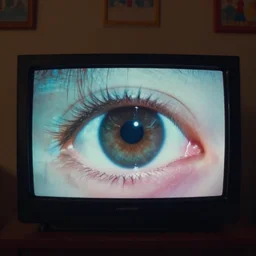 The human eye on a TV screen in a 2000's classic kids room with the lights off can see a flash image, flash image mode, compressed JPEG damaged webcam image, and photorealistic image.