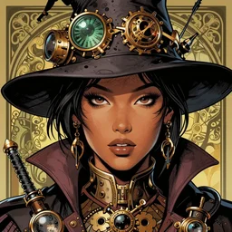 a detailed portrait illustration of a steampunk wizard. attractive black asian female face, alluring expression. looks like christina ricci and winona ryder. art nouveau, pop art, comic book style. influenced by neil gaiman, h. p. lovecraft, dan mumford, brian froud, vadim voitekhovitch, killian eng, ross tran.