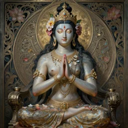 breathtaking detailed concept art painting art deco pattern a beautiful devi goddess with shinny skin on sitted on an intricate metal throne, hands pressed together in bow, light - flowers with kind piercing eyes and blend of flowers and petals, by hsiao - ron cheng and john james audubon, bizarre compositions, exquisite detail, extremely moody lighting, 8 k h 1 0 2 4