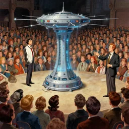 teleportation machine in front of a large crowd of people, with a scientist giving a presentation on it by charles addams and marc simonetti, style of naturalism