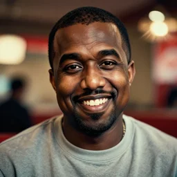 colour photo of the face of old and very obese kanye west at 9 0 years old, smiling into the camera. at kfc. cinematic lighting, ray tracing, octane render, long lens, shallow depth of field, bokeh, anamorphic lens flare, 8 k, hyper detailed, 3 5 mm film grain