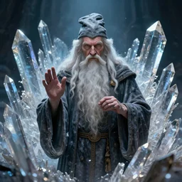 old wizard surrounded by crystal shards, 8 k photography