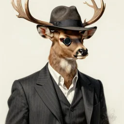 a upper body portrait of a deer lord in a pinstriped suit and pants wearing a monocle and a fedora by artgerm and wlop, intricate detail, digital art, photorealistic, trending on artstation