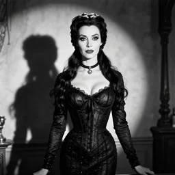 b & w photo of morticia addams as played by doris day