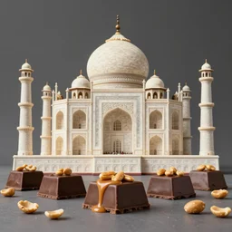 taj mahal made of chocolate, caramel and peanuts, professional food photography,