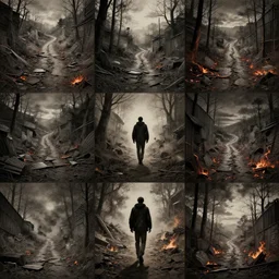 a lone man walking down a broken, dark, firty path, extremely detailed multiple unique different art styles.