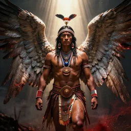 a tupi guarani warrior with angelic wings, by tsuyoshi nagano, by greg rutkowski, dramatic lighting, blood, god rays, angelical, symmetrical, intricate, detailed, cinematic, masterpiece, extreme details, volumetric light