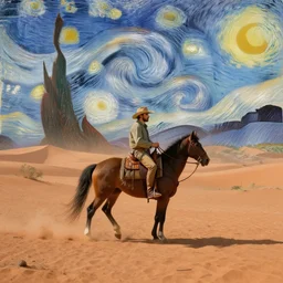 A lone cowboy riding a horse on Mars in the style of Van Gogh