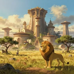 lion cities are afrofantasy architectural oasis in the african savannah, studio ghibli, pixar and disney animation, sharp, rendered in unreal engine 5, bloom, dramatic lighting
