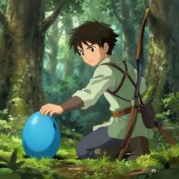 Eragon is in the forest with his bow on his back, he finds a blue dragon egg, anime style