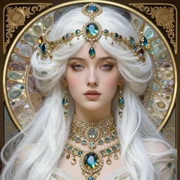 a highly detailed beautiful white haired woman, adorned with precious stones, by jeremy mann and alphonse mucha 4 k resolution, trending on artstation, very very detailed, masterpiece, stunning,