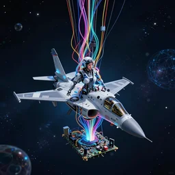 dark realism air combat : a beautiful robot fighter pilot is suspended by luminous intricate organic and colorful electric cables and wires and fiber to the jet cockpit computer motherboard, experiencing the quantum field cinematic highly detailed realistic beautiful cosmic neural network o