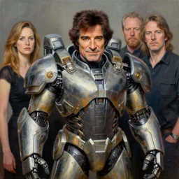 portrait of bob ross wearing bulky cybernetic power armor. intricate painting by ross tran, magali villeneuve, and jeremy mann.