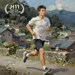 portrait of a man running in jiufen taiwan, an oil painting by ross tran and thomas kincade, studio ghibli