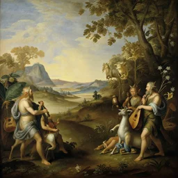 ethereal landscape, elves, fauns, musicians, claude poussin