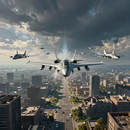 supreme commander, a squad of aircraft fly on hypersonic speed, on the battlefield, ruined city environment, symmetrical, render, ray tracing, chromatic aberration, jakub rozalski art style, artstation
