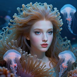 princess of sea anemones, gorgeous, realistic face, detailed anemone hair, jellyfish, edouard bisson, translucent, 8 k portrait render, 🌊, 🐠, artstation, ultra realistic, cinematic lighting, painterly