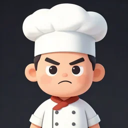 portrait of a cook or chef looking at the camera, cartoon, digital art, symmetrical face, frowning face sad