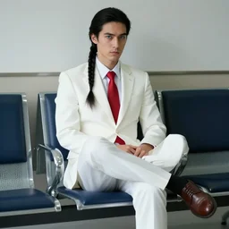 A man with long hair wearing a white suit sitting on a chair in a waiting room, hair in a braid, black hair, blue eyes, red tie, brown shoes, hyper realistic, super detailed, 4k , HDR