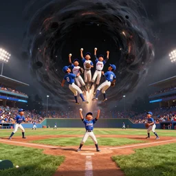 disney pixar render of a little league baseball team being sucked up into a black hole during a game, cinematic lighting