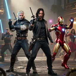 a photo of witcher 3, john wick, light saber, iron man helmet, dancing