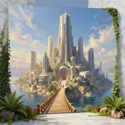 futuristic sci-fi city of Atlantis  hill valley grec greeble temple of olympus glory island  little wood bridge painting of tower  ivy plant   in marble  late afternoon light, wispy clouds in a blue sky, by frank lloyd wright and greg rutkowski and ruan jia Beautiful detailed illustration by Lurid. (2022) beautiful lighting, sharp, details, hyper-detailed, HD, HDR, 4K, 8K