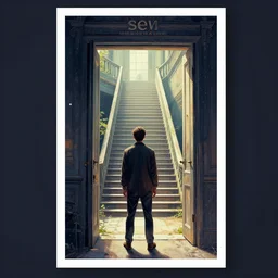 a man standing in front of a doorway with a staircase leading to it, poster art by seb mckinnon, behance contest winner, fantasy art, poster art, official art, movie poster