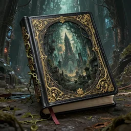 by peter blume and studio ghibli, visually stunning, cinematic, ultra realistic, hyper realism, 1 2 k, epic, octane render, unreal engine, vfx, maya, this book seems to be made of black leather, veins are vines, sci - fi abandoned warehouses, occult city, and is adorned with intricate golden patterns