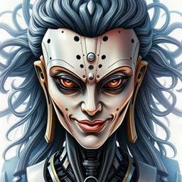 perfectly centered portrait, front view of a beautiful biomechanical android alien robot buddha, female, flowing hair, intense stare, sarcastic smile, symmetrical, concept art, intricate detail, volumetric shadows and lighting, realistic watercolor,