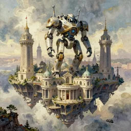 the amazing floating neoclassical city, fantasy, steampunk, a mech robot is flying. intricate, amazing composition, colorful watercolor, by ruan jia, by maxfield parrish, by marc simonetti, by hikari shimoda, by robert hubert, by zhang kechun, illustration, gloomy