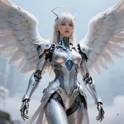 holy cyborg angel girl, very beautiful, intelligent, utopia, advanced technology, armor, wings, pretty face, innocent, paradise, masterpiece, highly detailed, artstation, art by bo chen and neon yang