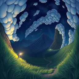 nightly, spiral, naive nerikomi, weird perspective, extra narrow, detailed illustration, lit by flashlight, scenic spiral environment by rhads, trending artstation, fisheye, grass field night mountainous terrain, chubby curled clouds, volumetric lighting and mist