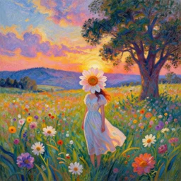 flower field becoming a girl with dress and a giant flower as a face, hills, big trees, sunrise dramatic light, impressionist painting, colorful clouds, digital painting, pointillism, artstation, simon stalenhag