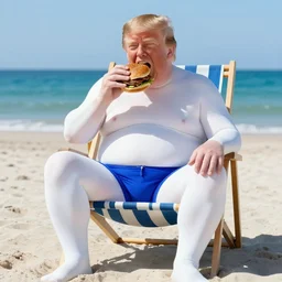 donald trump in swimming shorts sitting on a beach chair, translucent white skin, morbidly obese, eating a burger at the beach
