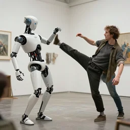 ai robot getting kick the shit out by humans artists, by simon stalenhag and rj palmer