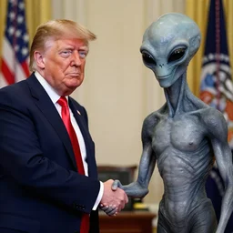 press photo of donald trump shaking hands with a gray alien, facing the camera