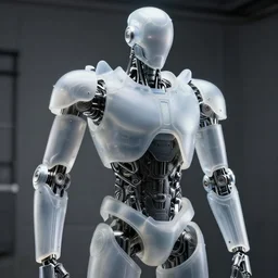 complex chromium cybernetic endoskeleton in a dark gray room wearing frosted glass like translucent armor plates : : highly detailed