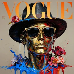 a head made out of melting metal, it is of black and golden and red color, it is wearing sunglasses and a hat, there are flowers all around it, blue paint melting, vogue cover style, global illumination style, greg rutkowski style, demonic style, impasto style, splash and drip style, artgerm style, basquiat style
