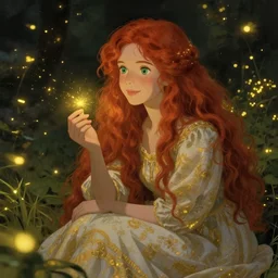 a young woman, admiring the lights of golden fireflies, sitting in the midst of nature fully covered with a wonderful dress, long loose red hair, intricate details green eyes, small nose with freckles, oval shape face, soft happy smile, romantic scene, golden ratio, high contrast, art by caravaggio and studio ghibli.