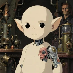 closeup portrait of minimalist cyborg midget goblin with painful implants inside byzantine kowloon hoarder workshop filled with dieselpunk equipment, socialist realist composition by by greg rutkowski and h. r. giger and stalenhag and deak ferrand, studio ghibli composition