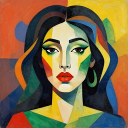 a dreamlike portrait of a beautiful woman in the art style of cubism, vibrant colors, reggae color scheme, 4 k resolution, high detail, symmetrical face