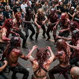 abstract mosh pit, slam dancing creatures, circle pit demons, violent zombie dance, violent protest, war photography, high detail, 4 k
