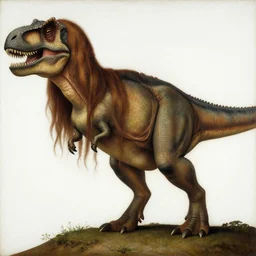 A renaissance oil painting of a T-rex with really long!!!!!! brown hair!!! renaissance painting, intricate details, oil on canvas