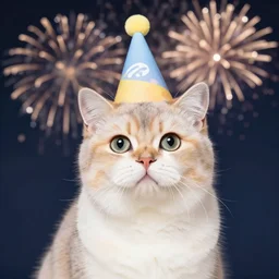 a photo of a very cute cat wearing a birthday party hat, studio portrait, back background with fireworks. portrait.