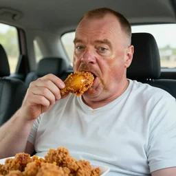 walter white mukbang inside car, youtube video screencap, eating fried chicken, greasy face stuffed with chicken, double chin, real, fat, detailed, 4k