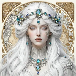 a highly detailed beautiful white haired woman, adorned with precious stones, intricate line drawings by jeremy mann and alphonse mucha, 8 k resolution, trending on artstation, very very detailed, masterpiece, stunning,