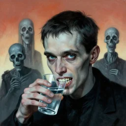 potrait of a guy that has crooked teeth, a weird accent, and drinks hot water, by zdzislaw beksinski, by dariusz zawadzki, by wayne barlowe, gothic, surrealism, cosmic horror, lovecraftian, cold hue's, warm tone gradient background, concept art, beautiful composition