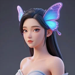 a 3 d model of an exotic beautiful woman with a neon butterfly head, dark sunglasses, perfect eyes, perfect symmetrical lips, unreal engine, cinema 4 d, intricate details, 8 k, ultra realistic, super detailed, octane, ray tracing, artstation, beeple, 3 d model, style of final fantasy - n 4