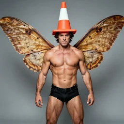 ripped physique winged man Norm MacDonald disguised as a mothra whilst wearing a traffic cone hat daniel warren johnson